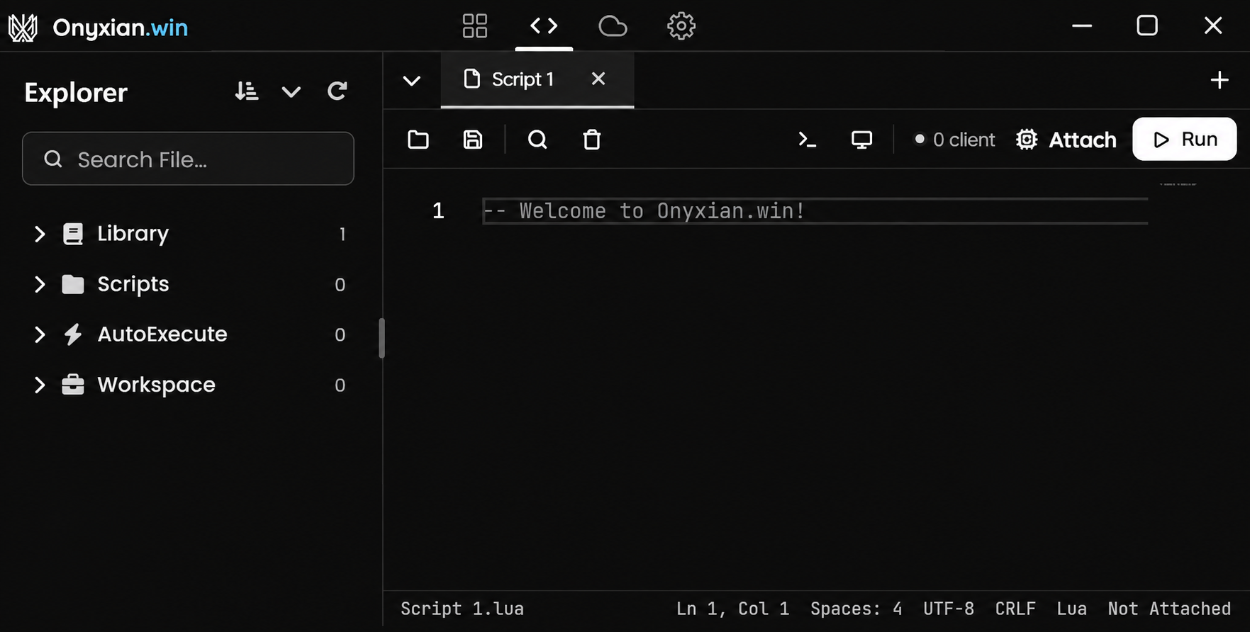 Onyxian desktop application showing the script editor and Explorer